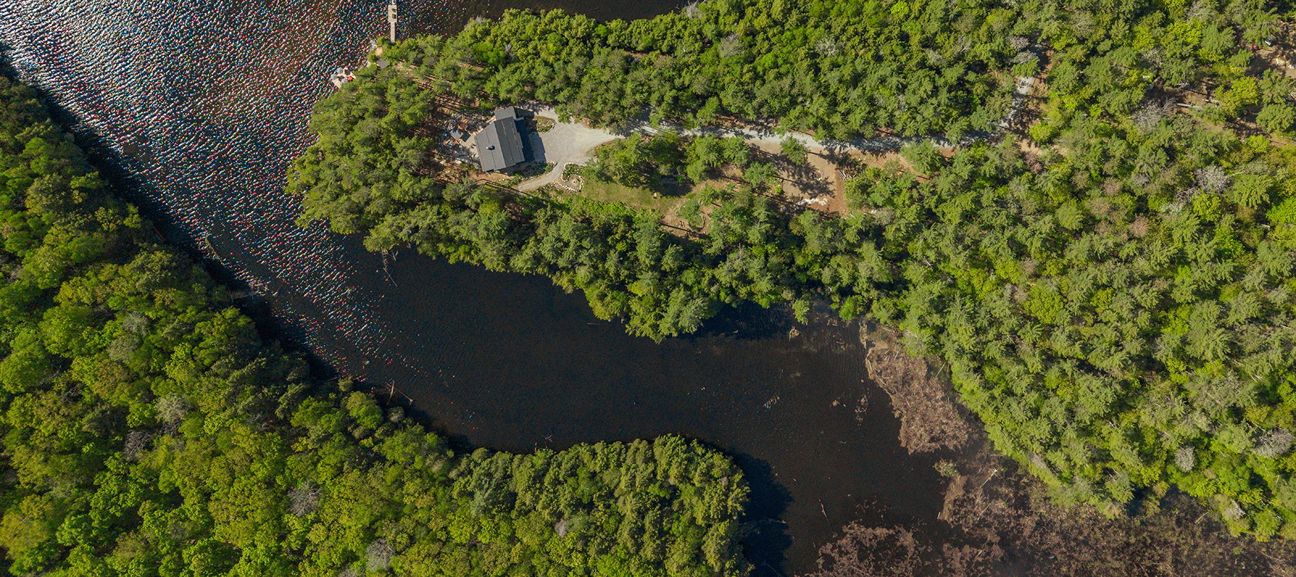 Wide aerial of the wooded peninsula between open lake and wetland channel
